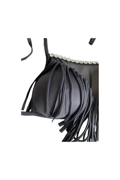 Zi Siyah Çok Dar Kalıp Taşlı Püsküllü Dantel Detaylı Yarım Dolgulu Üçgen Bikini Takımı - Resim 6