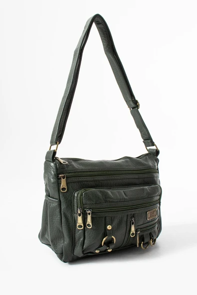 Yıkama Deri Çapraz Askılı Omuz Çantası Poliüretan Deri Haki Model:(571-14-16B) - Resim 3