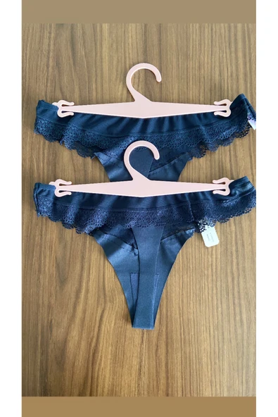 Zi 2 ADET 1 PAKET Lacivert Tül Dantel Detaylı Kadın Tanga Külot - Resim 2