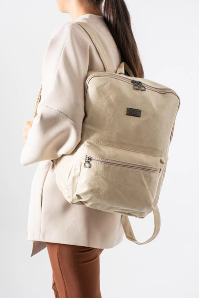 Suni Deri Yıkama Sırt Çantası (Poliüretan) Krem Model:(571-14-16G) ürün görseli