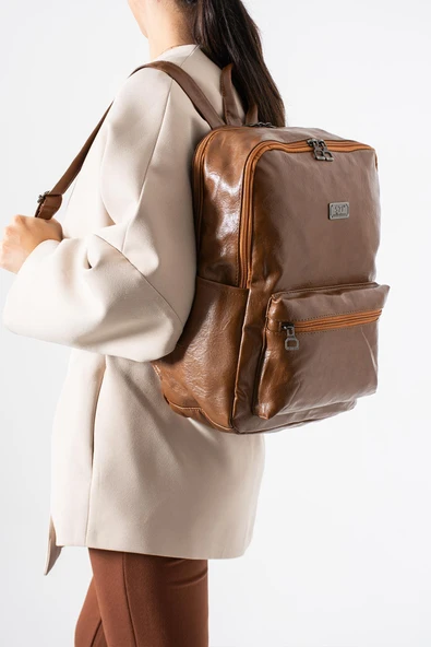 Suni Deri Yıkama Sırt Çantası (Poliüretan) Taba Model:(571-14-16G) ürün görseli 1