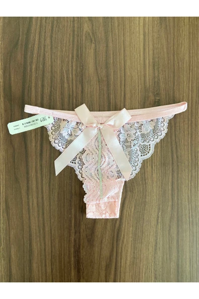 Zi Pudra Dantel Fiyonk Ve Taş Detaylı Kadın Tanga Külot - Resim 2