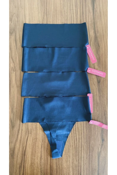 Zi 4 ADET 1 PAKET Lacivert Basic Lazer Kesim Esnek Iz Yapmayan Yüksek Bel Tanga Külot - Resim 2
