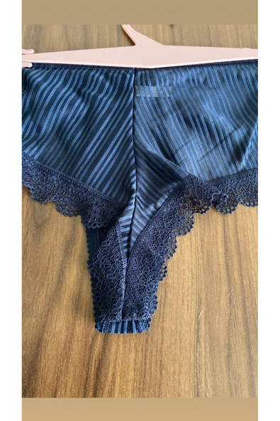 Zi 3 Adet 1 Paket Lacivert Çizgi Dantelli Taş Detaylı Hipster Külot - Resim 6