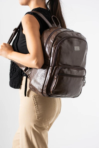 Suni Deri Yıkama Sırt Çantası (Poliüretan) Kahverengi Model:(571-14-16H) ürün görseli