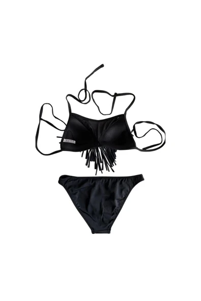 Zi Siyah Çok Dar Kalıp Taşlı Püsküllü Dantel Detaylı Yarım Dolgulu Üçgen Bikini Takımı - Resim 4