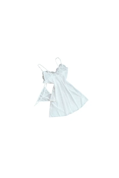 Zi Ekru Kısa Gecelik Ve Standart String Tanga Külot Takım - Resim 6