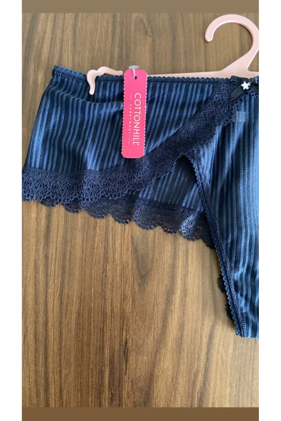 Zi 3 Adet 1 Paket Lacivert Çizgi Dantelli Taş Detaylı Hipster Külot - Resim 5