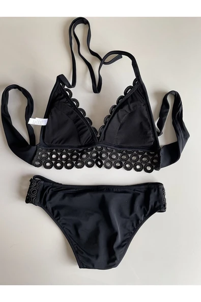 Zi Siyah Dar Kalıp Halka Örgü Detaylı Küçük Üçgen Bikini Takımı - Resim 6
