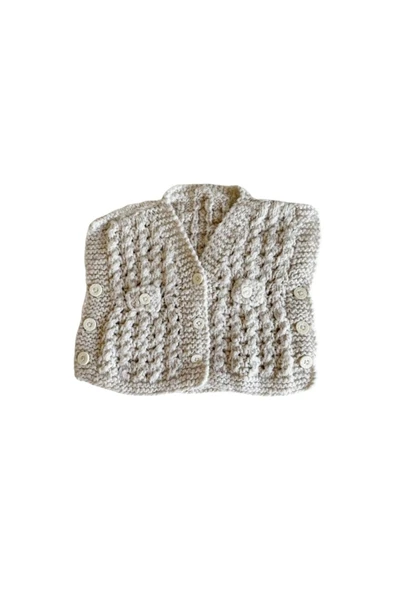 Zi El Örgü Bej Sıfır Kollu Bebek Yelek - Resim 3