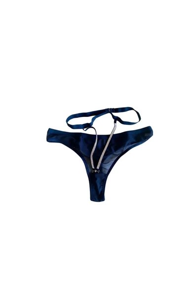 Zi Petrol Yeşili Tül Yüksek Bel Taş Detaylı Tanga Külot - Resim 5