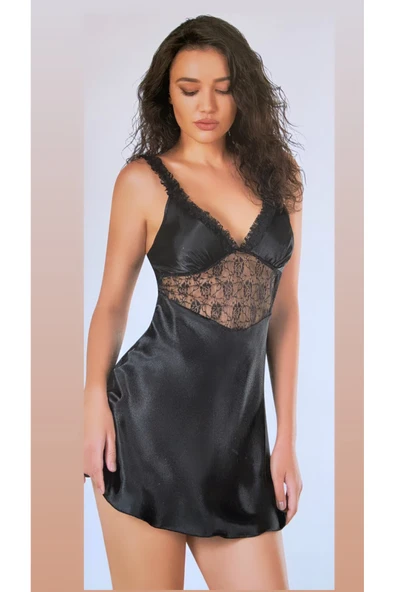 Zi Siyah Saten Göğüs Altı Dantel Detaylı Kısa Gecelik - Resim 2