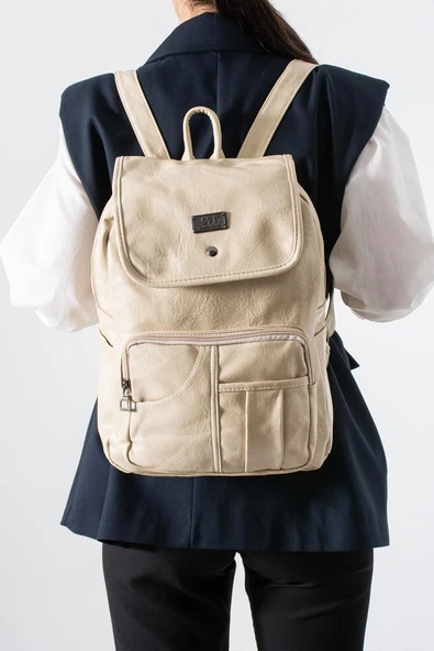 Suni Deri Yıkama Sırt Çantası (Poliüretan) Krem Model:(571-14-16I) ürün görseli 1