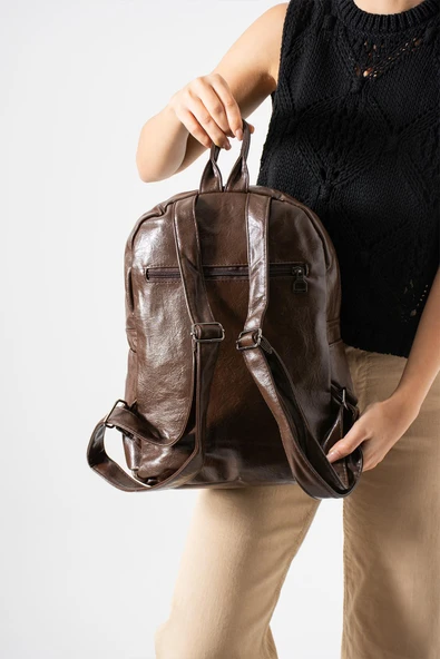 Suni Deri Yıkama Sırt Çantası (Poliüretan) Kahverengi Model:(571-14-16H) - Resim 2