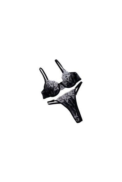 Zi Siyah Nakışlı Dar Kalıp Sütyen Takımı - Resim 2