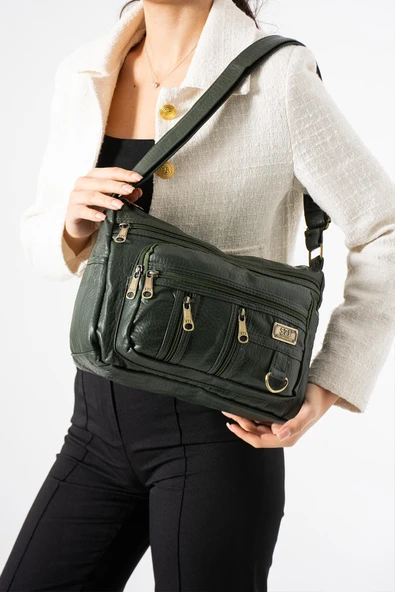 Yıkama Deri Çapraz Askılı Omuz Çantası Poliüretan Deri Haki Model:(571-14-16D) ürün görseli 1