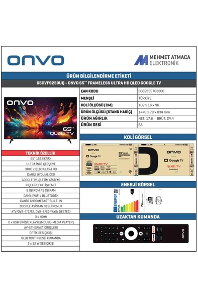 65OVF9250UQ 65" 165 Ekran Uydu Alıcılı 4K Ultra HD Google Smart QLED TV - Resim 3