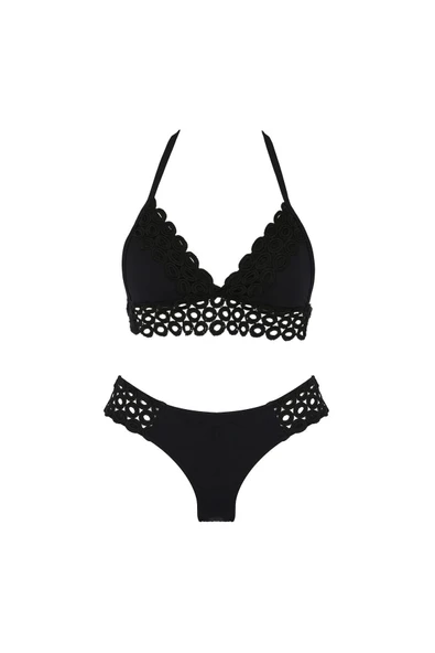 Zi Siyah Dar Kalıp Halka Örgü Detaylı Küçük Üçgen Bikini Takımı - Resim 2