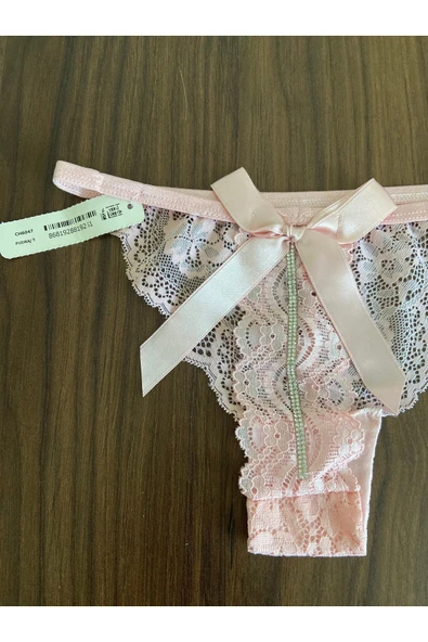 Zi Pudra Dantel Fiyonk Ve Taş Detaylı Kadın Tanga Külot - Resim 4