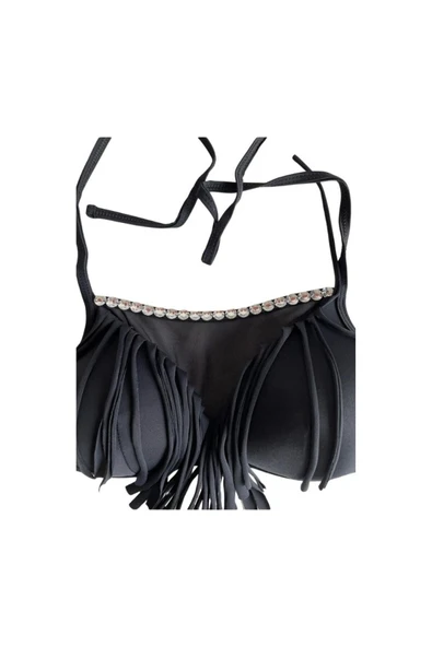Zi Siyah Çok Dar Kalıp Taşlı Püsküllü Dantel Detaylı Yarım Dolgulu Üçgen Bikini Takımı - Resim 5