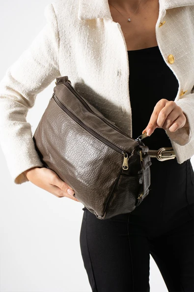 Yıkama Deri Çapraz Askılı Omuz Çantası Poliüretan Deri Vizon Model:(571-14-16D) - Resim 2