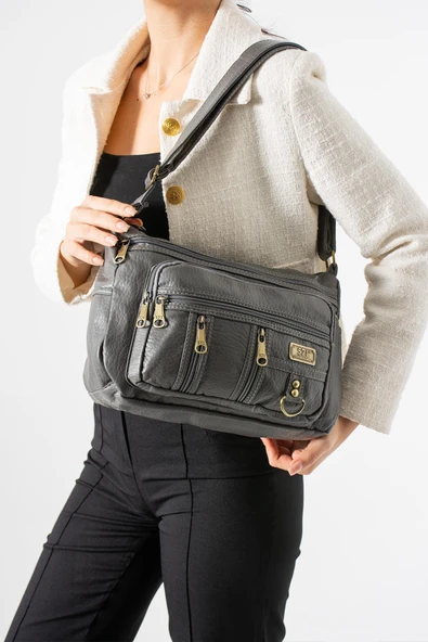 Yıkama Deri Çapraz Askılı Omuz Çantası Poliüretan Deri Gri Model:(571-14-16D) ürün görseli 1