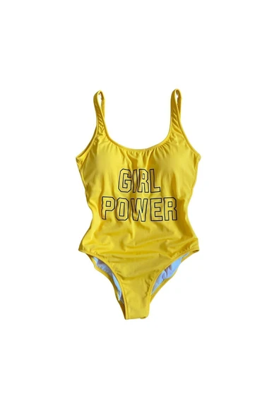 Zi Sarı Çok Dar Kalıp Girl Power Baskılı Mayo - Resim 4