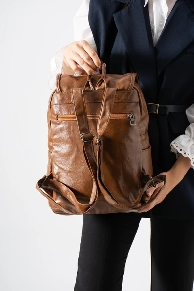 Suni Deri Yıkama Sırt Çantası (Poliüretan) Taba Model:(571-14-16I) - Resim 2