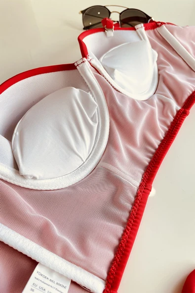 Zi Kırmızı Yüksek Bel Bikini Alt Üst Takım - Resim 7