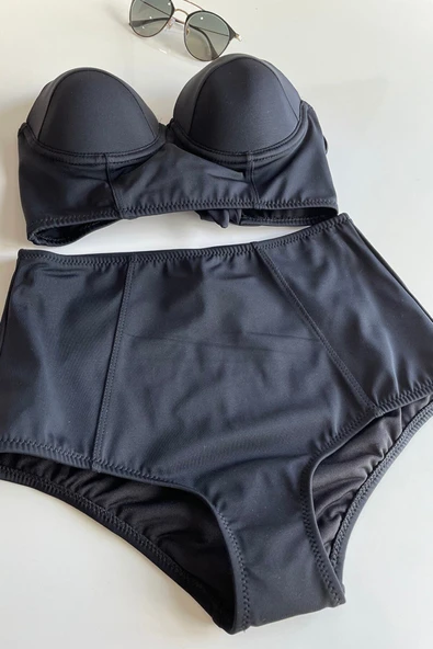 Zi Siyah Yüksek Bel Bikini Alt Üst Takım - Resim 4