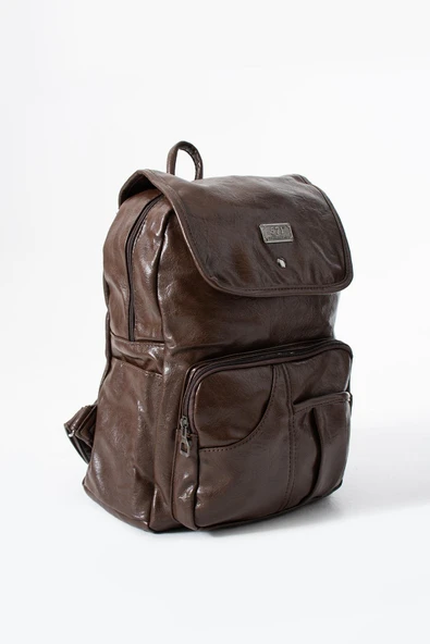 Suni Deri Yıkama Sırt Çantası (Poliüretan) Kahverengi Model:(571-14-16I) - Resim 3