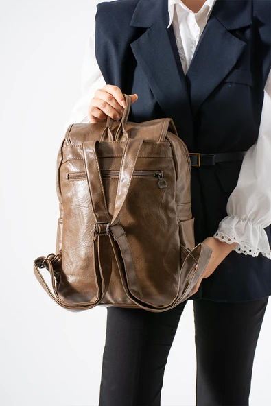 Suni Deri Yıkama Sırt Çantası (Poliüretan) Vizon Model:(571-14-16I) - Resim 2