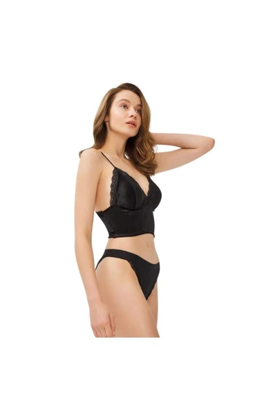 Zi Siyah Kadife Dantel Detaylı Bralet Sütyen Külot Takımı ürün görseli