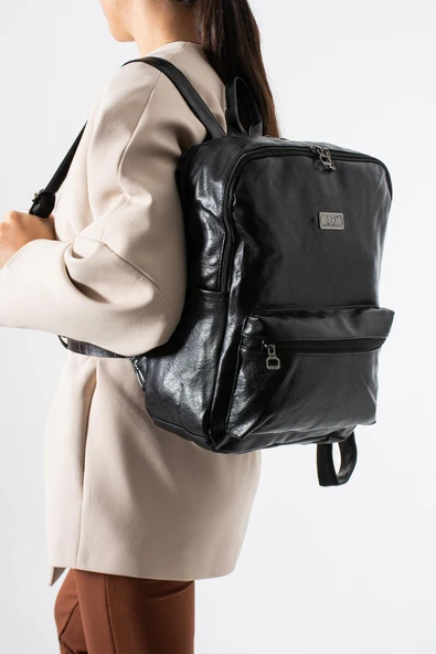 Suni Deri Yıkama Sırt Çantası (Poliüretan) Siyah Model:(571-14-16G) ürün görseli