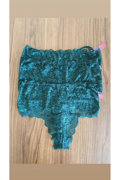 Zi 3 ADET 1 PAKET T. Yeşili Dantelli Lastik Detay Yüksek Bel Kadın Tanga Külot ürün görseli