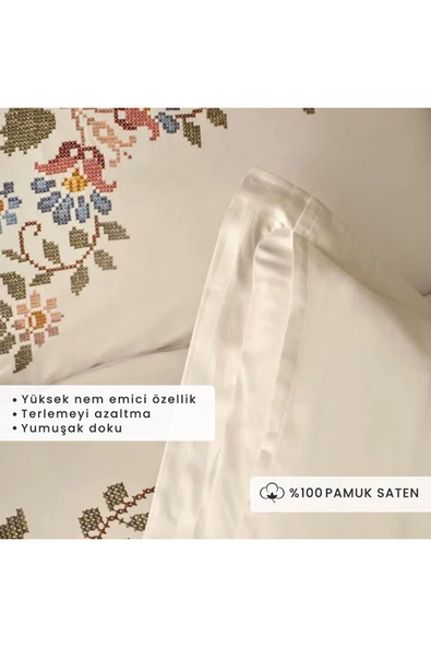 Bella Maison %100 Pamuk Saten Vintage Çift Kişilik Nevresim Seti Beyaz (200x220 cm) - Resim 2