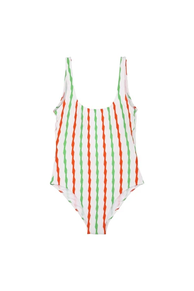 Zi Beyaz Dar Kalıp Renkli Çubuk Çizgili Mayo - Resim 3