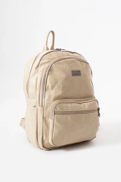 Suni Deri Yıkama Sırt Çantası (Poliüretan) Krem Model:(571-14-16H) - Resim 3