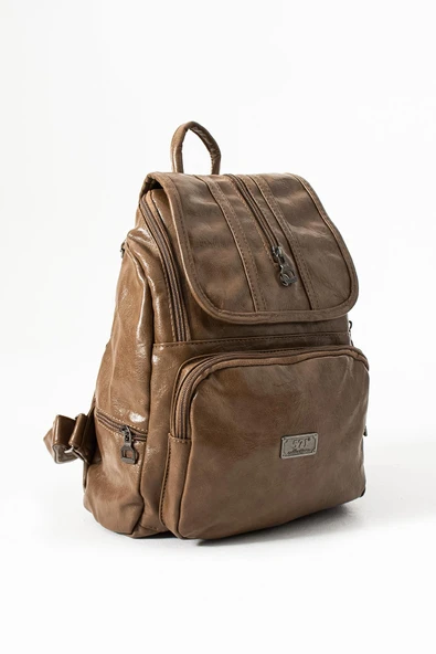 Suni Deri Yıkama Sırt Çantası (Poliüretan) Vizon Model:(571-14-16J) - Resim 3