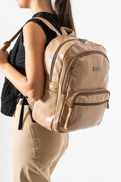 Suni Deri Yıkama Sırt Çantası (Poliüretan) Bej Model:(571-14-16H) ürün görseli