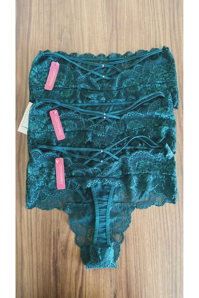 Zi 3 ADET 1 PAKET T. Yeşili Dantelli Lastik Detay Yüksek Bel Kadın Tanga Külot - Resim 2