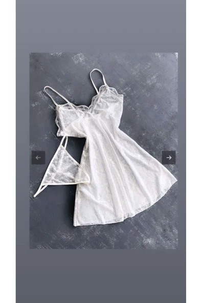 Zi Ekru Kısa Gecelik Ve Standart String Tanga Külot Takım - Resim 2