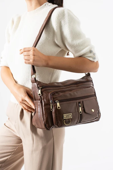 Yıkama Deri Çapraz Askılı Omuz Çantası Poliüretan Deri Taba Model:(571-14-16A) ürün görseli 1