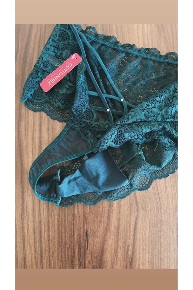 Zi 3 ADET 1 PAKET T. Yeşili Dantelli Lastik Detay Yüksek Bel Kadın Tanga Külot - Resim 5