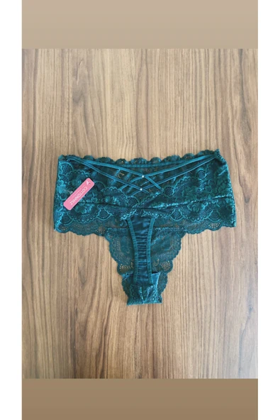 Zi 3 ADET 1 PAKET T. Yeşili Dantelli Lastik Detay Yüksek Bel Kadın Tanga Külot - Resim 4