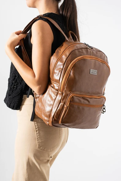 Suni Deri Yıkama Sırt Çantası (Poliüretan) Taba Model:(571-14-16H) ürün görseli 1