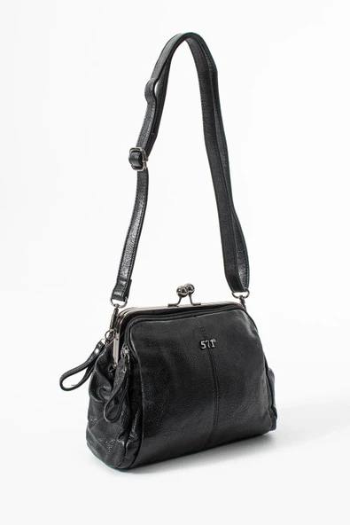 Yıkama Deri Klipsli Fermuarlı 3 Bölmeli Burslu Omuz Çantası Siyah Model:(571-13T) - Resim 3