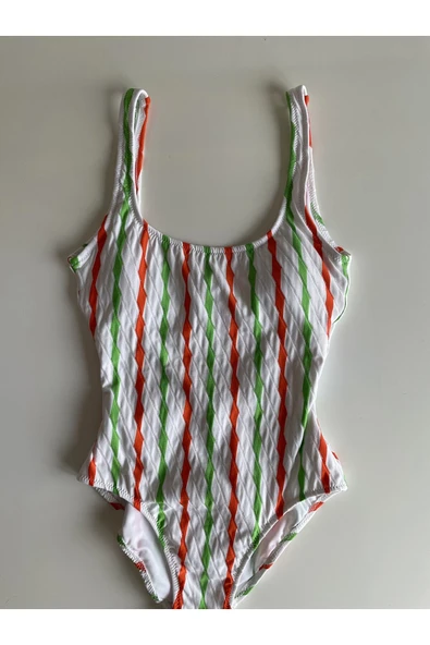 Zi Beyaz Dar Kalıp Renkli Çubuk Çizgili Mayo - Resim 5