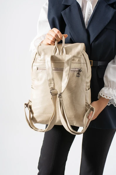 Suni Deri Yıkama Sırt Çantası (Poliüretan) Krem Model:(571-14-16I) - Resim 2