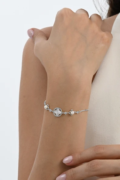 925 ayar gümüş rodyumlu inci, sedef ve zirkon taşlı asansörlü asil yonca gümüş bileklik SGTL13059RODAJ - Resim 4